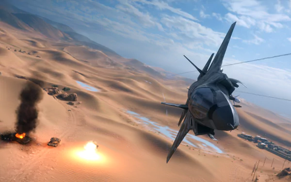 A dramatic HD wallpaper featuring a jet fighter soaring over a desert landscape, with explosions in the background, inspired by the video game Battlefield 4.