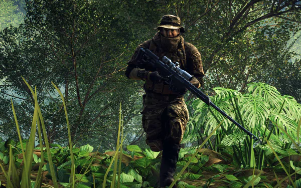 4K Ultra HD Battlefield 4 wallpaper featuring a soldier armed with a sniper rifle moving through dense jungle foliage in a video game setting.