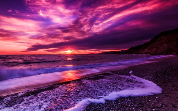 Earth Sunset Beach Ocean Sea Purple Horizon HD Wallpaper | Background Image
