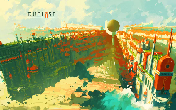 HD PC desktop wallpaper and background for the video game Duelyst: stylized aerial view of a sunlit fortress city split by a canyon with a large floating orb, in vibrant teal and orange.