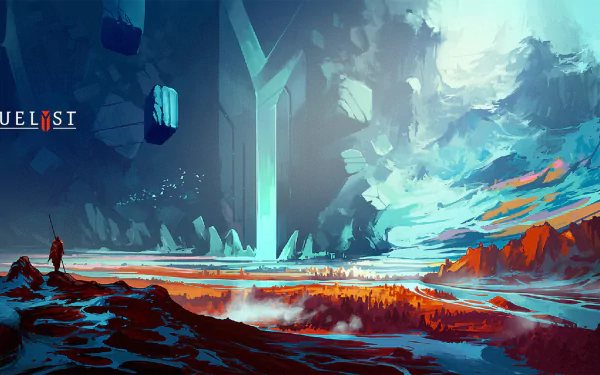 HD PC desktop wallpaper featuring a vibrant, fantastical landscape from the video game Duelyst with glowing blue and orange hues.