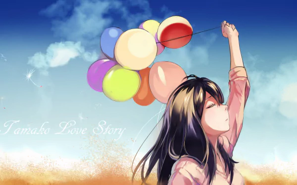 4K Ultra HD anime wallpaper from Tamako Market, featuring a girl holding colorful balloons against a bright blue sky with soft clouds.