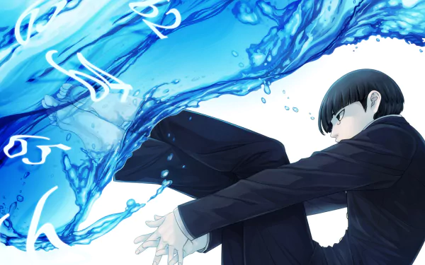 A serene anime wallpaper featuring Shigeo Kageyama from Mob Psycho 100, barefoot in water, with striking black eyes and hair, capturing a moment of calm and introspection.
