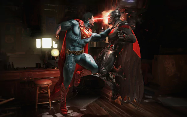 HD desktop wallpaper depicting Superman and Batman engaged in a fierce battle, with Superman using his heat vision, from the video game Injustice 2. Dark background, intense action.