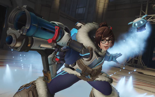 Mei from Overwatch in action, featuring detailed 4K Ultra HD graphics designed for PC desktop wallpaper and background.