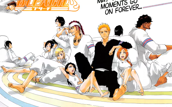 A vibrant HD wallpaper featuring characters from the anime Bleach, including Yasutora Sado, Uryu Ishida, Renji Abarai, Rukia Kuchiki, Orihime Inoue, and Ichigo Kurosaki.