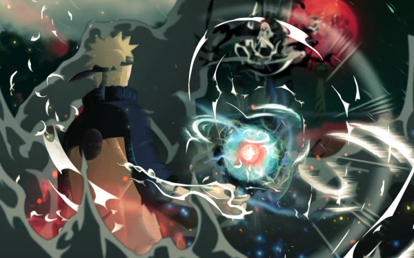 A vibrant HD wallpaper featuring Naruto Uzumaki wielding the Rasengan, facing Madara Uchiha amidst an intense anime backdrop from Naruto.