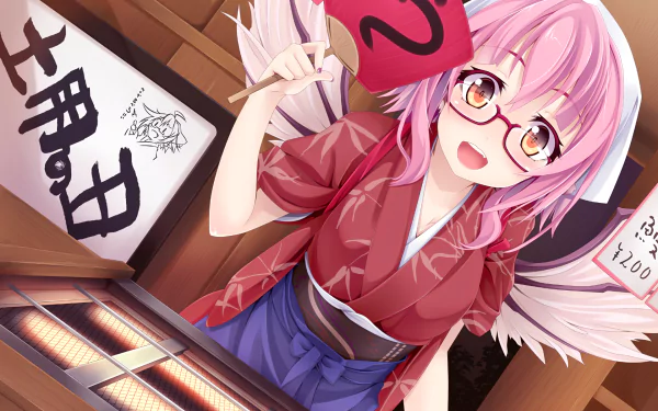 HD anime desktop wallpaper featuring Mystia Lorelei from Touhou, smiling with pink hair, glasses, and a red outfit inside a warm, detailed setting.