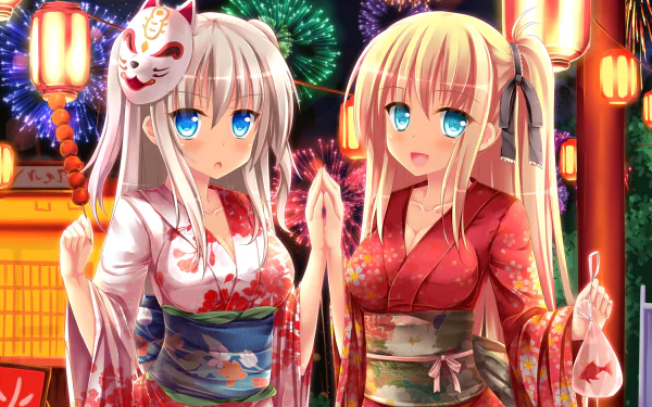 HD desktop wallpaper of the anime Charlotte featuring two girls in traditional attire at a vibrant festival with lanterns and fireworks in the background.
