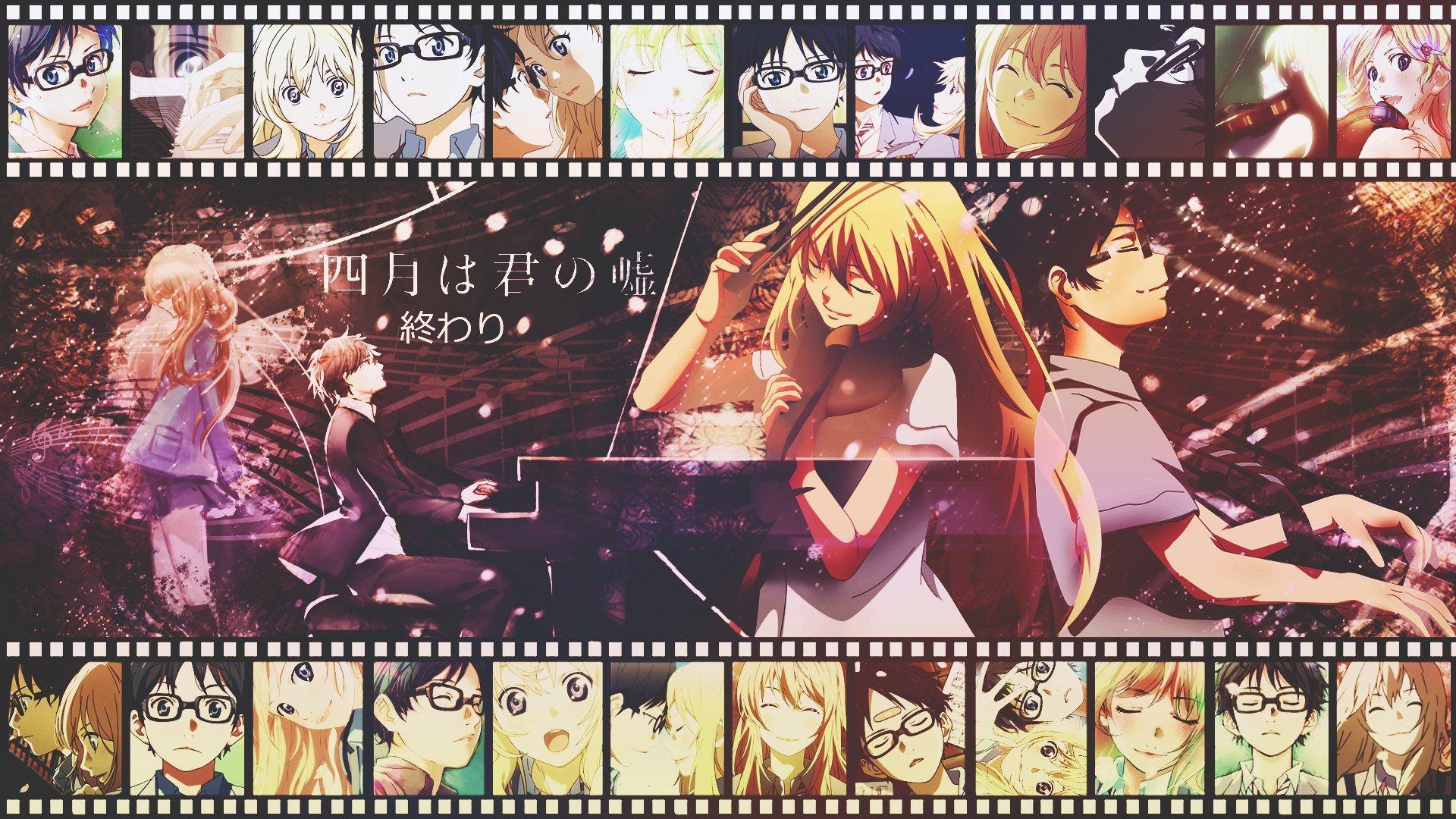 HD desktop wallpaper featuring Kousei Arima and Kaori Miyazono from the anime 'Your Lie in April', surrounded by a filmstrip with various character expressions.
