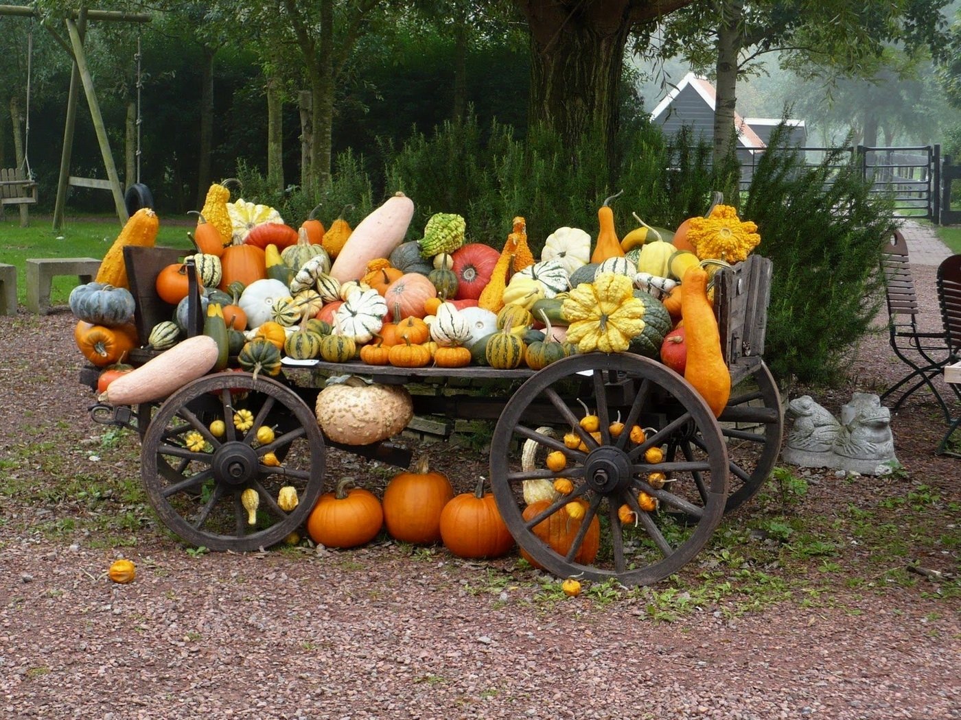 A rustic wagon overflowing with colorful fall pumpkins and gourds in a still life arrangement, set outdoors as an HD PC desktop wallpaper and background.