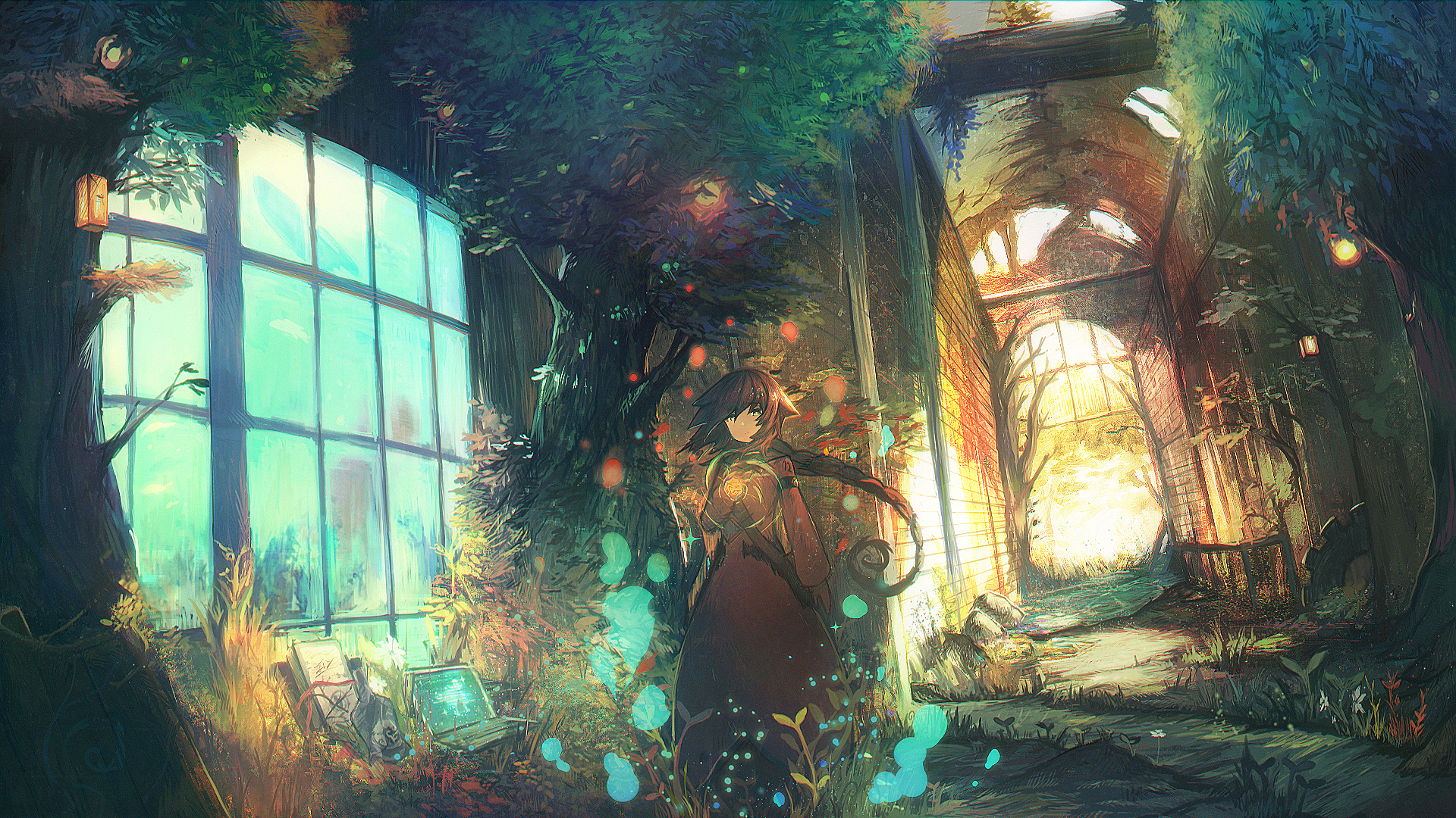 HD anime desktop wallpaper featuring an original, mystical scene with a character amidst a glowing, nature-filled interior with large windows and vibrant colors.