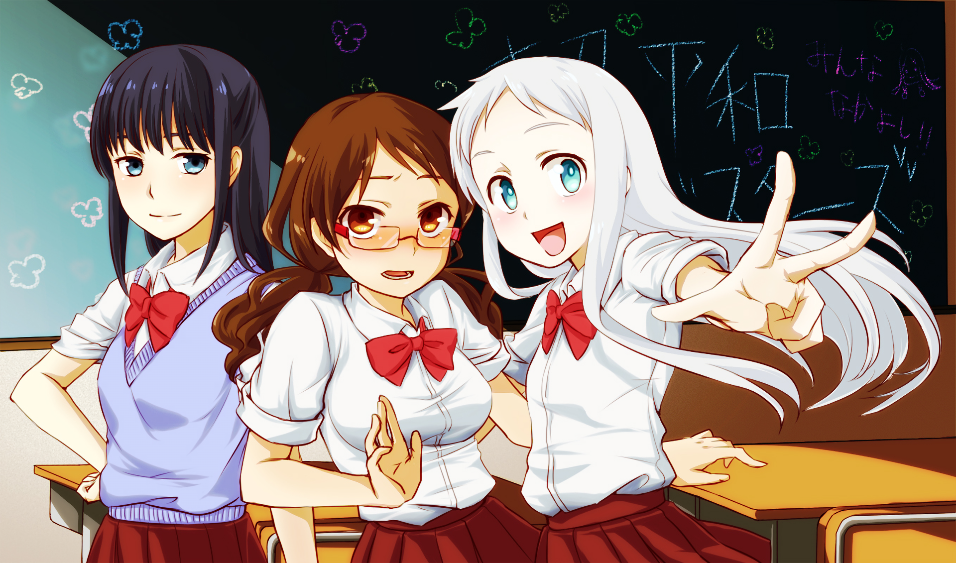 HD PC desktop wallpaper featuring three female characters from the anime Anohana, set in a classroom with colorful chalk drawings on the blackboard behind them.