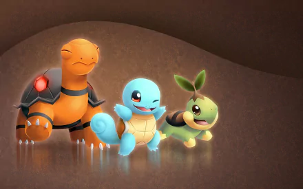 HD wallpaper featuring Turtwig, Squirtle, and Torkoal from Pokémon, showcasing these beloved video game characters against a warm, textured background.