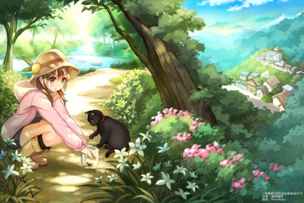 A serene HD wallpaper featuring an anime girl in a pink jacket interacting with a black cat amidst a lush, flower-covered path and a tranquil landscape in the background.