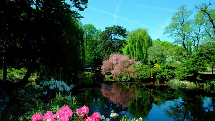 HD desktop wallpaper featuring a serene Japanese garden with vibrant flowers, lush trees, and a man-made wooden bridge reflected in calm water.