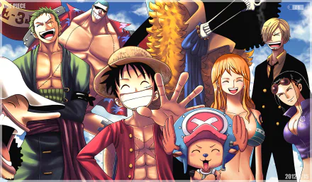 HD wallpaper featuring Monkey D. Luffy and his crew, including Roronoa Zoro, Franky, Brook, Sanji, Usopp, Nico Robin, Nami, and Tony Tony Chopper from the anime One Piece, all smiling and joyful.