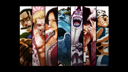 HD One Piece anime wallpaper featuring characters Franky, Dracule Mihawk, Gekko Moriah, Jinbe, Boa Hancock, Donquixote Doflamingo, and Crocodile.