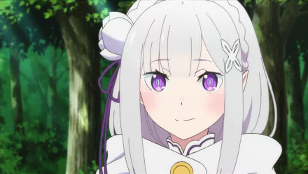 HD anime desktop wallpaper featuring Emilia from Re:Zero - Starting Life in Another World, set against a lush forest background.