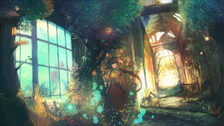 HD anime desktop wallpaper featuring an original, mystical scene with a character amidst a glowing, nature-filled interior with large windows and vibrant colors.