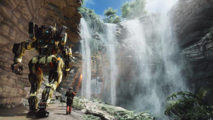 A stunning 4K Ultra HD wallpaper from Titanfall 2, showcasing a pilot beside a towering Titan amid a lush waterfall and vibrant vegetation.