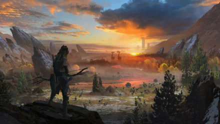 HD desktop wallpaper featuring Aloy from Horizon Zero Dawn overlooking a vast, scenic landscape at sunset, with mountains, trees, and robotic creatures in the distance.