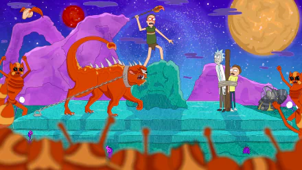 4K Ultra HD desktop wallpaper featuring Jerry Smith, Morty Smith, and Rick Sanchez from the TV show Rick and Morty in a vibrant, cosmic alien landscape.