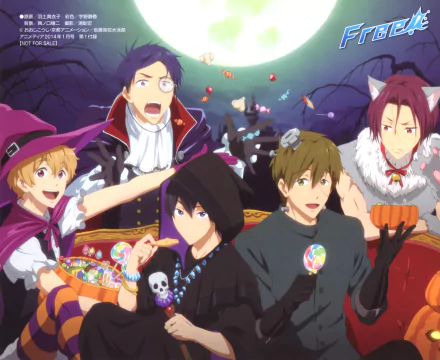 Group of characters from the anime Free! including Rei Ryūgazaki, Makoto Tachibana, Rin Matsuoka, Nagisa Hazuki, and Haruka Nanase, celebrating with candy against a spooky background.