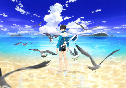 A serene anime scene from Free!, featuring a character standing at the water’s edge, surrounded by birds, with vibrant blue skies and a tranquil ocean in the background. HD wallpaper.