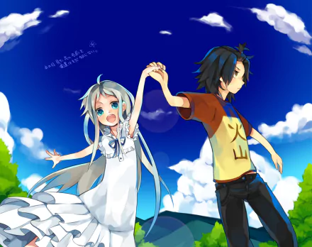 Anime HD PC desktop wallpaper featuring two characters from Anohana, a girl in a white dress and a boy in casual clothes, holding hands under a bright blue sky with clouds.