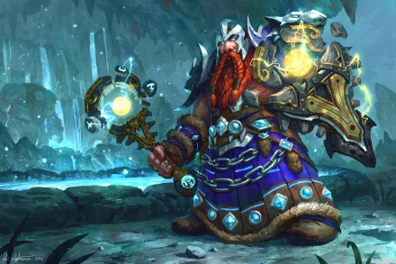 HD desktop wallpaper featuring a World of Warcraft dwarf shaman wielding a glowing staff and ornate shield in an icy cavern setting.