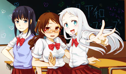 HD PC desktop wallpaper featuring three female characters from the anime Anohana, set in a classroom with colorful chalk drawings on the blackboard behind them.