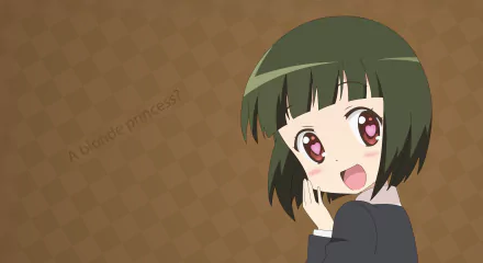 Anime HD PC desktop wallpaper featuring a cheerful green-haired schoolgirl from KINMOZA! smiling at the right over a subtle patterned brown background.