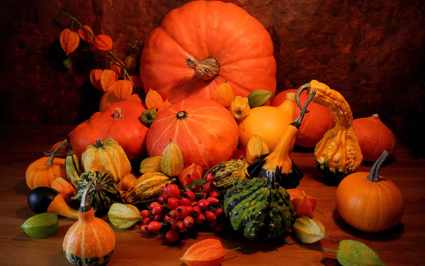 HD still life photography of various pumpkins, gourds, and autumn leaves arranged on a wooden surface, capturing the warm essence of fall for a vibrant PC desktop wallpaper.