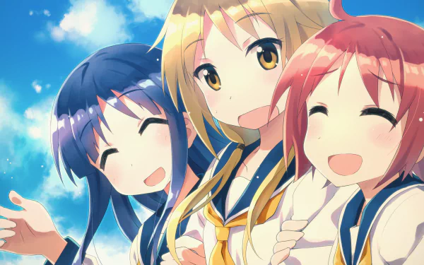 4K Ultra HD anime wallpaper featuring Yui Ichii, Yuzuko Nonohara, and Yukari Hinata from Yuyushiki, smiling brightly against a blue sky background.