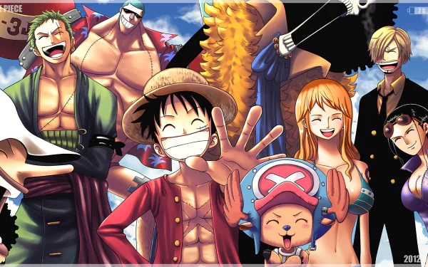 HD wallpaper featuring Monkey D. Luffy and his crew, including Roronoa Zoro, Franky, Brook, Sanji, Usopp, Nico Robin, Nami, and Tony Tony Chopper from the anime One Piece, all smiling and joyful.