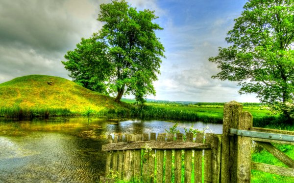 Earth Lake Lakes Summer Pond Fence Grass Tree Field Green Sky HDR Nature HD Wallpaper | Background Image