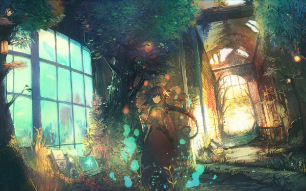 HD anime desktop wallpaper featuring an original, mystical scene with a character amidst a glowing, nature-filled interior with large windows and vibrant colors.