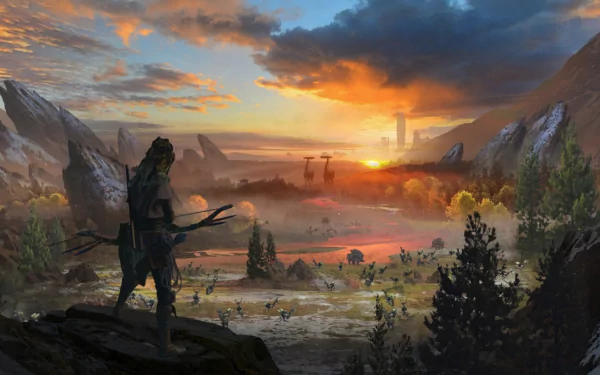 HD desktop wallpaper featuring Aloy from Horizon Zero Dawn overlooking a vast, scenic landscape at sunset, with mountains, trees, and robotic creatures in the distance.