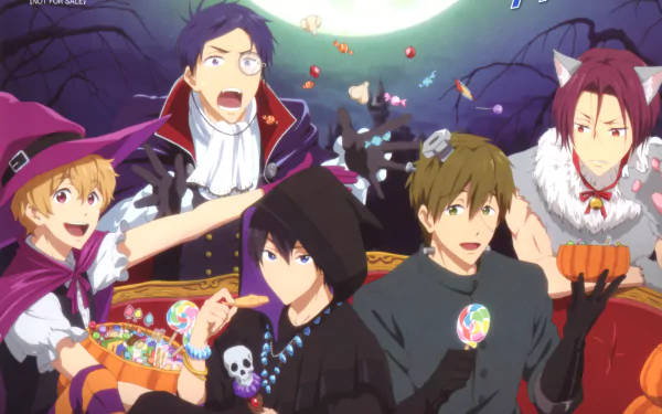 Group of characters from the anime Free! including Rei Ryūgazaki, Makoto Tachibana, Rin Matsuoka, Nagisa Hazuki, and Haruka Nanase, celebrating with candy against a spooky background.
