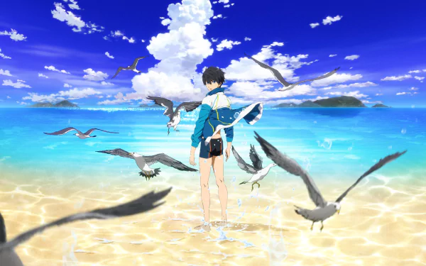 A serene anime scene from Free!, featuring a character standing at the water’s edge, surrounded by birds, with vibrant blue skies and a tranquil ocean in the background. HD wallpaper.