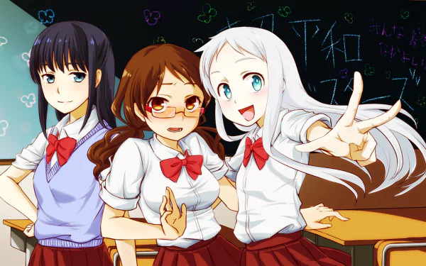 HD PC desktop wallpaper featuring three female characters from the anime Anohana, set in a classroom with colorful chalk drawings on the blackboard behind them.
