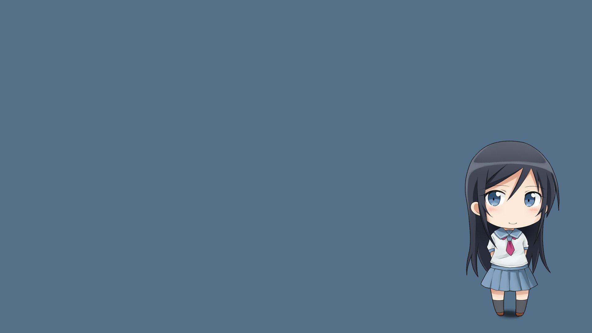 Chibi-style Ayase Aragaki from Oreimo stands on a plain blue background in this HD PC desktop wallpaper.