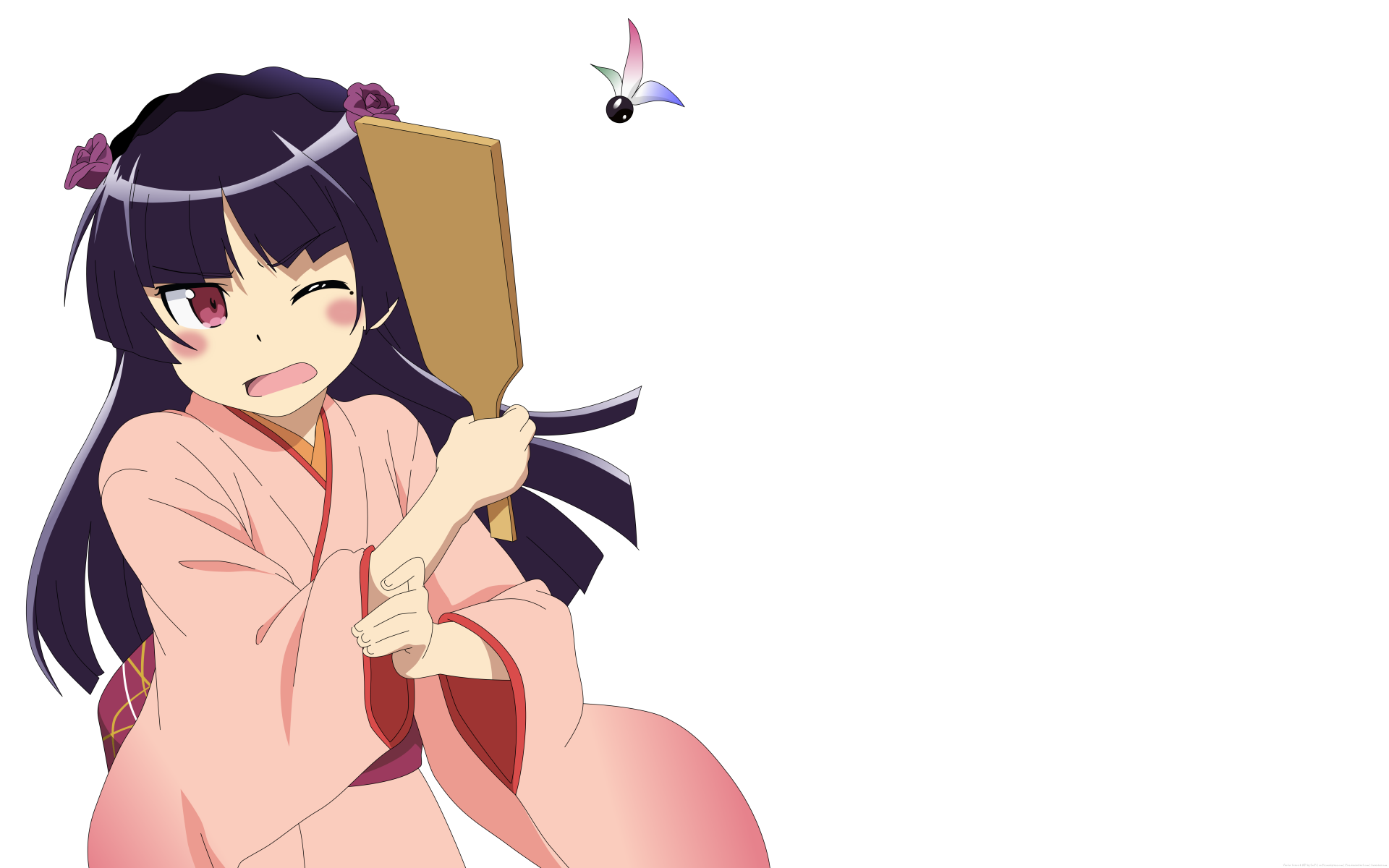 Anime-style Oreimo character in a pink kimono holding a wooden paddle, featured in an 8K Ultra HD PC desktop wallpaper and background.