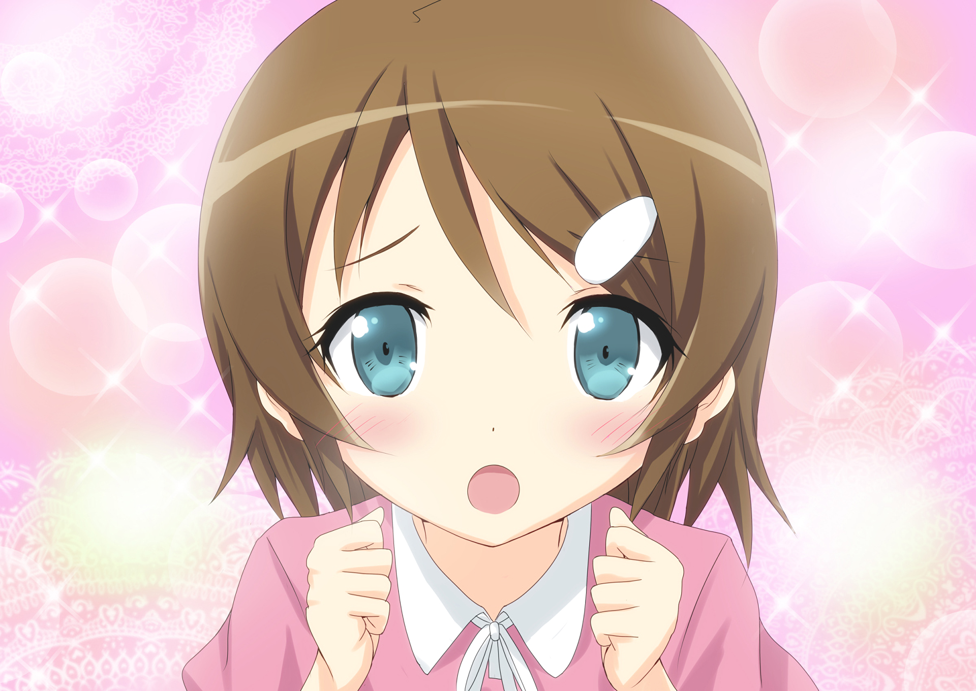 HD PC desktop wallpaper: anime (Oreimo) close-up of a blushing short-haired girl with teal eyes and white hairclip, surprised expression against a sparkly pink background.