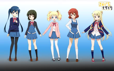 HD PC desktop wallpaper featuring five female anime characters from KINMOZA! standing against a blue gradient background.