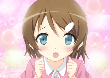 HD PC desktop wallpaper: anime (Oreimo) close-up of a blushing short-haired girl with teal eyes and white hairclip, surprised expression against a sparkly pink background.