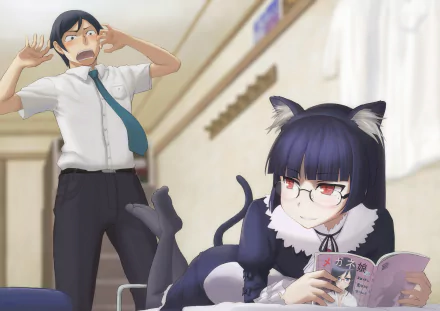 HD anime desktop wallpaper featuring Ruri Gokō in cat ears and Kyōsuke Kōsaka reacting, from the series Oreimo.