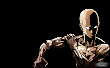 HD wallpaper featuring Saitama from One-Punch Man, showcasing his muscular physique against a dark background, embodying the character's iconic and striking appearance.