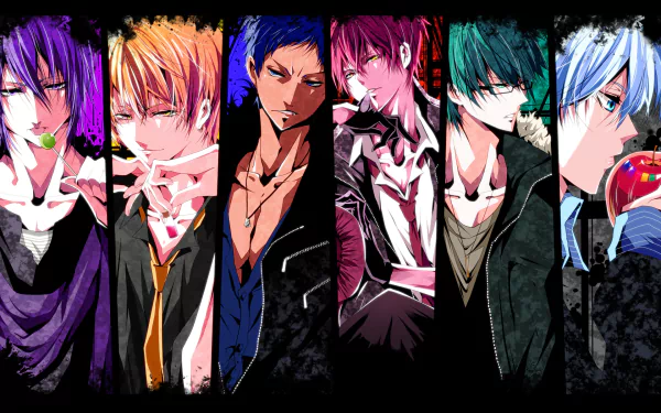 A vibrant HD desktop wallpaper featuring characters from Kuroko's Basketball, showcasing their distinct styles and expressions against a dynamic black background.